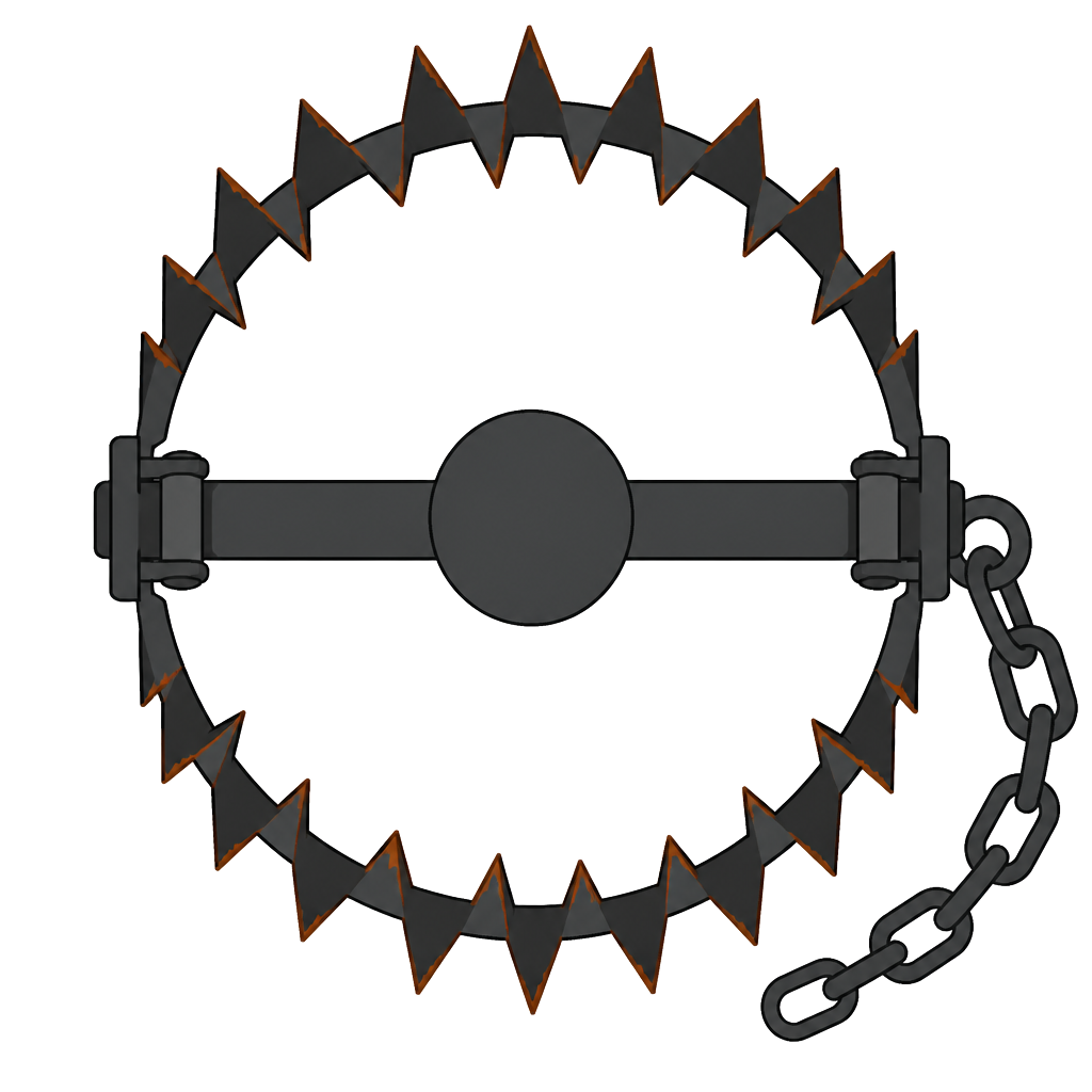 flat overhead illustration of a round steel bear trap with jagged teeth and a chain